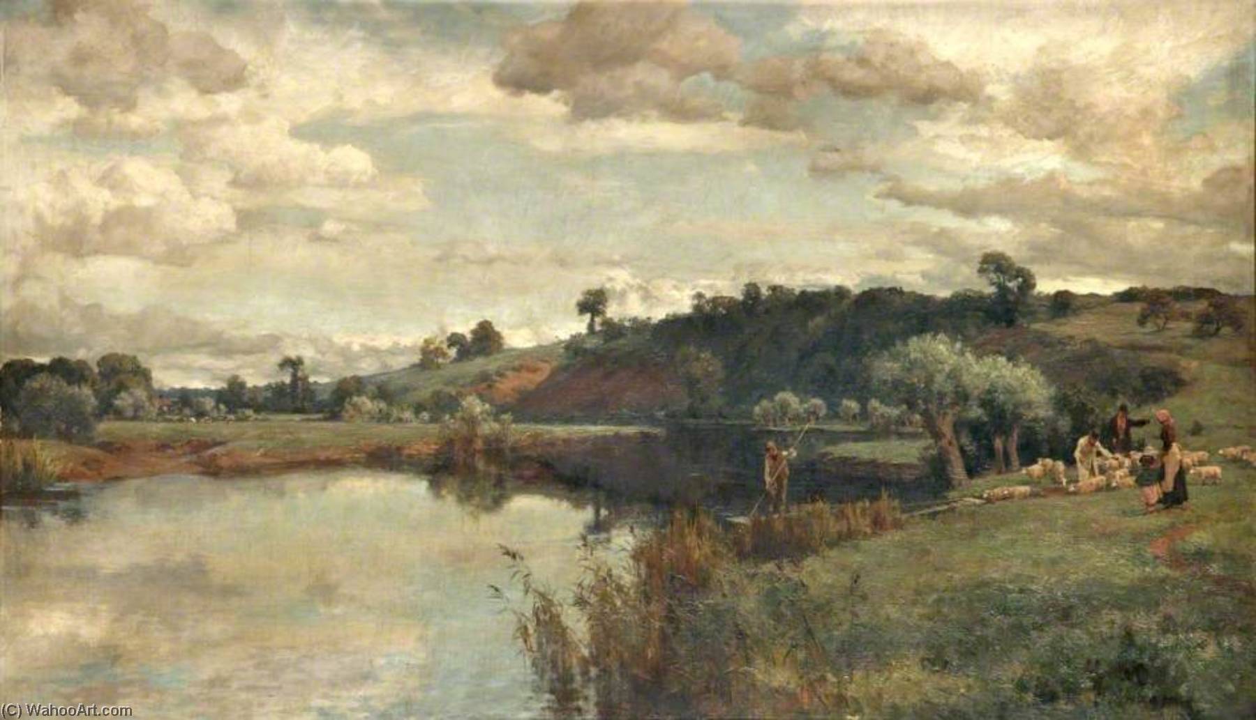 Река на сцене. Альфред Парсонс (Alfred Parsons). Alfred William Parsons (1847-1929). Alfred-Parsons-English-1847-1920-River-and-Towpath. Картина со сценой на реке.